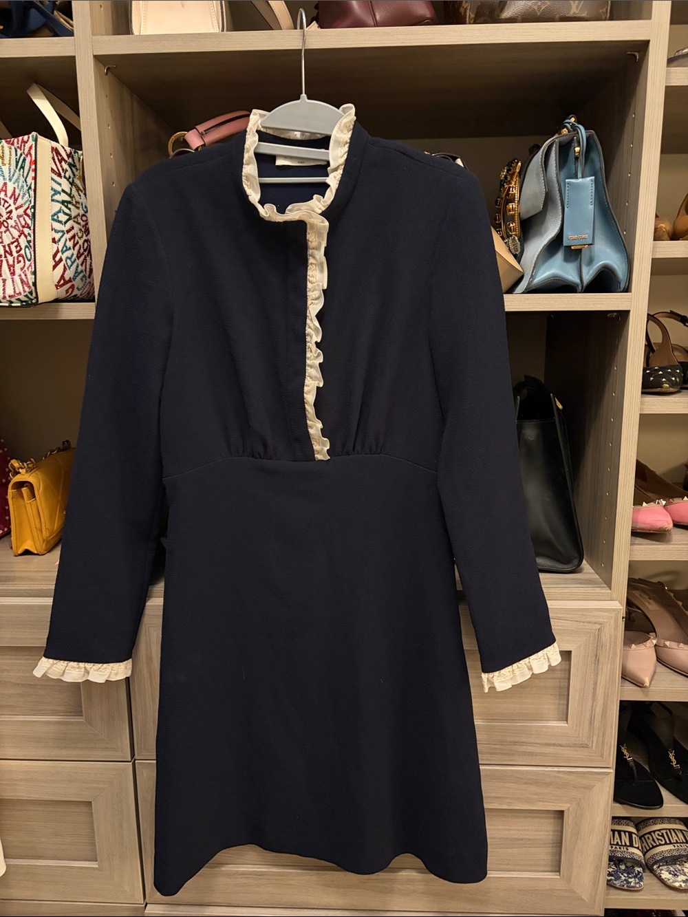 Sandro Navy Dress with Cream Ruffle Trim